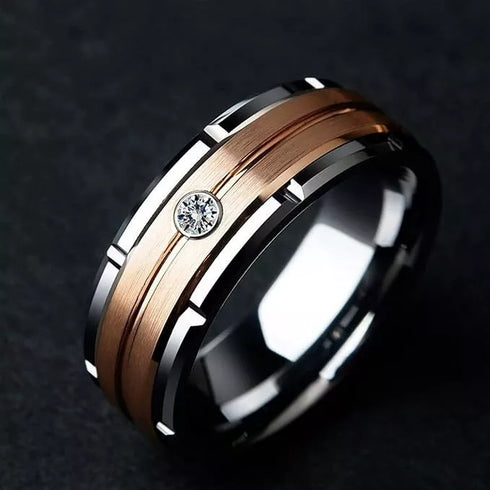Men 8mm Titanium 2-Tone Brushed Rose Gold Zircon Inlay Comfort-Fit Wedding Band